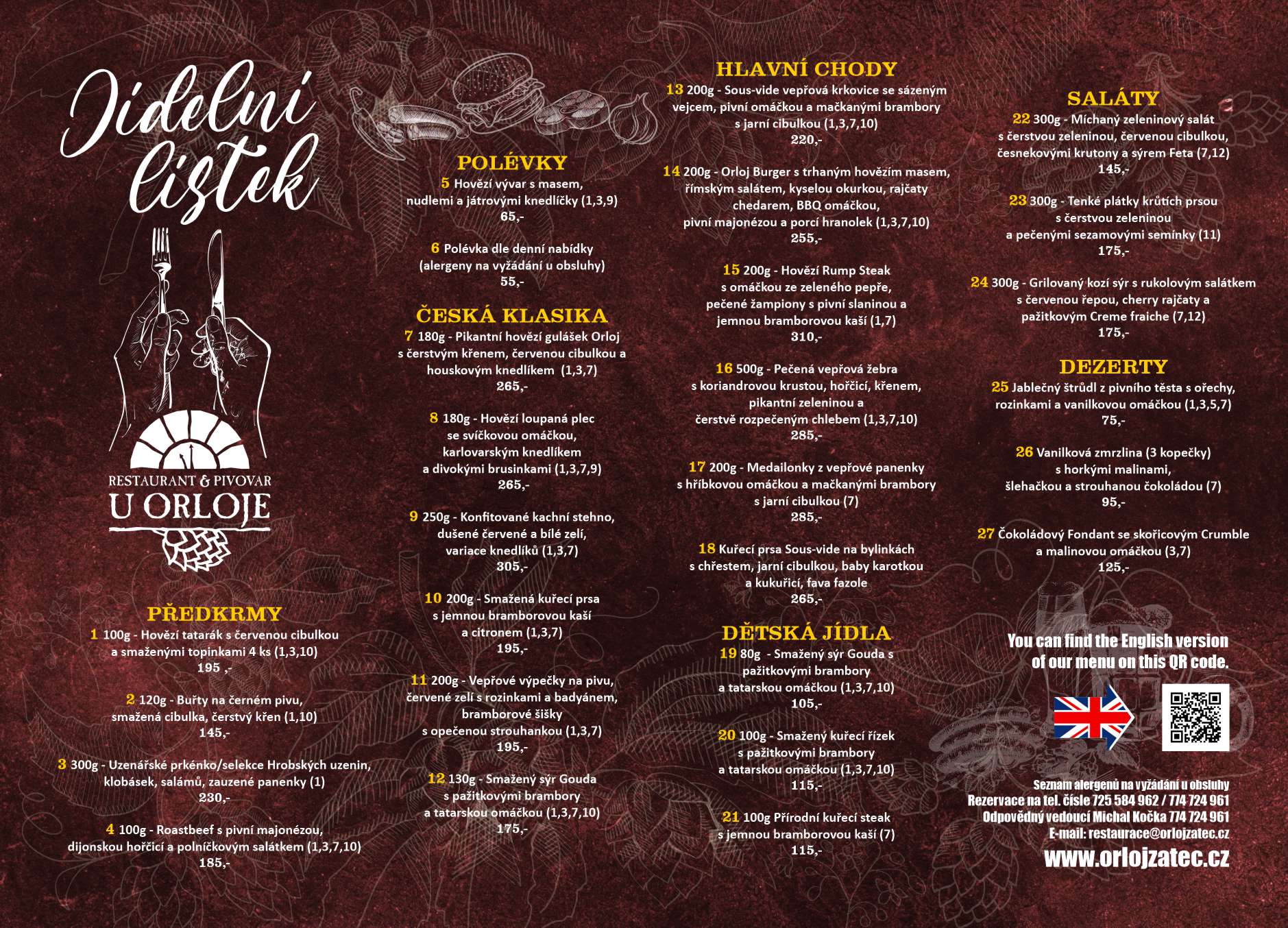Jídelní lístek - restaurace U Orloje Žatec